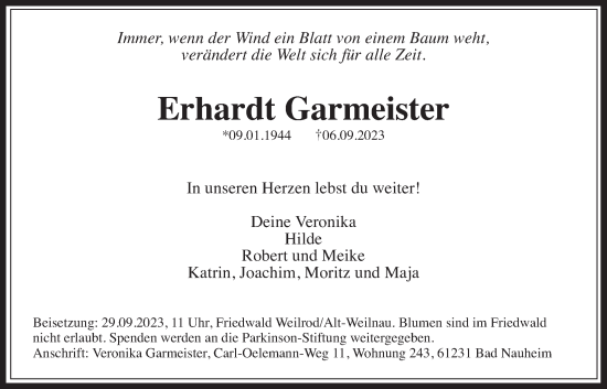 Traueranzeige von Erhardt Garmeister von Wetterauer Zeitung