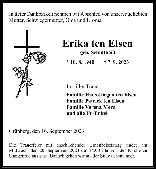 Traueranzeige von Erika ten Elsen von Giessener Allgemeine, Alsfelder Allgemeine