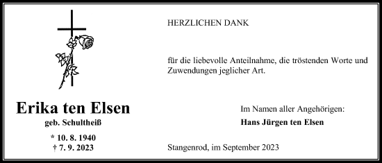 Traueranzeige von Erika ten Elsen von Giessener Allgemeine, Alsfelder Allgemeine