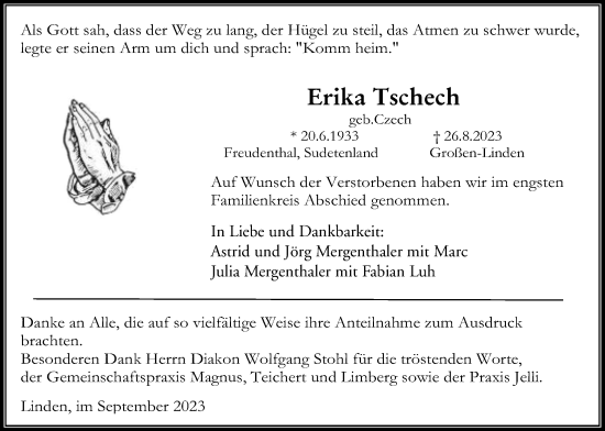 Traueranzeige von Erika Tschech von Giessener Anzeiger, Giessener Allgemeine, Alsfelder Allgemeine