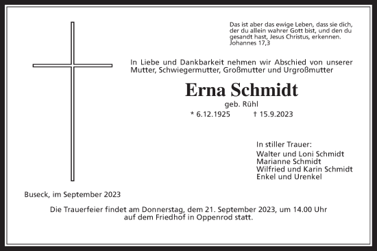 Traueranzeige von Erna Schmidt von Giessener Allgemeine, Alsfelder Allgemeine