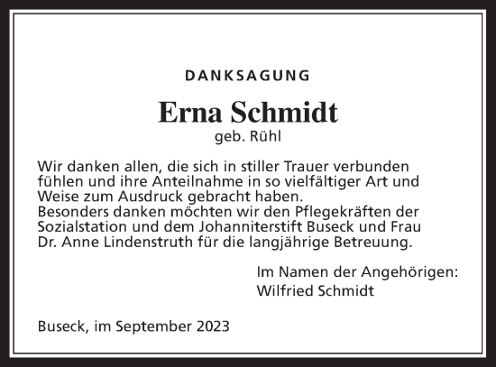 Traueranzeige von Erna Schmidt von Giessener Allgemeine, Alsfelder Allgemeine