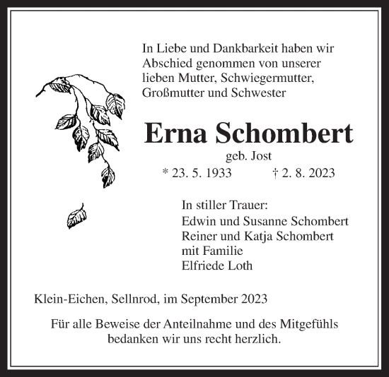 Traueranzeige von Erna Schombert von Giessener Allgemeine, Alsfelder Allgemeine