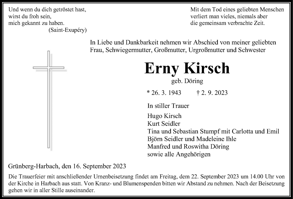  Traueranzeige für Erny Kirsch vom 16.09.2023 aus Giessener Allgemeine, Alsfelder Allgemeine, Giessener Anzeiger