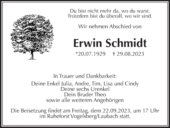 Traueranzeige von Erwin Schmidt von Kreis-Anzeiger, 