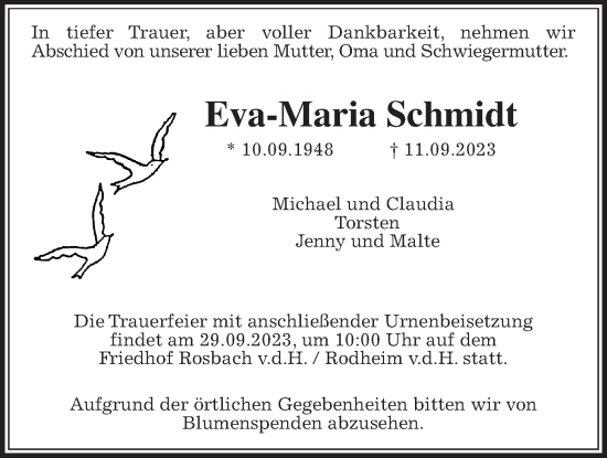 Traueranzeige von Eva-Maria Schmidt von Wetterauer Zeitung