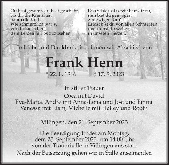 Traueranzeige von Frank Henn von Licher Wochenblatt