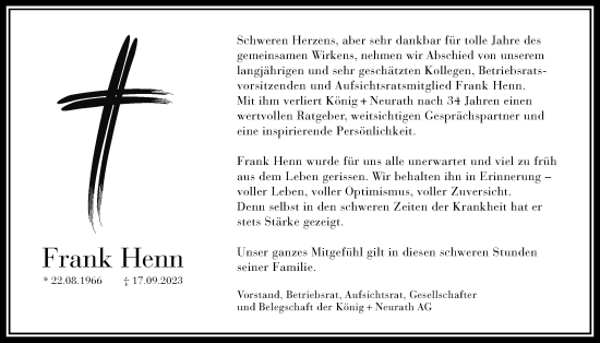 Traueranzeige von Frank Henn von Wetterauer Zeitung, Giessener Allgemeine, Alsfelder Allgemeine, Giessener Anzeiger, Bad Vilbel/Karben
