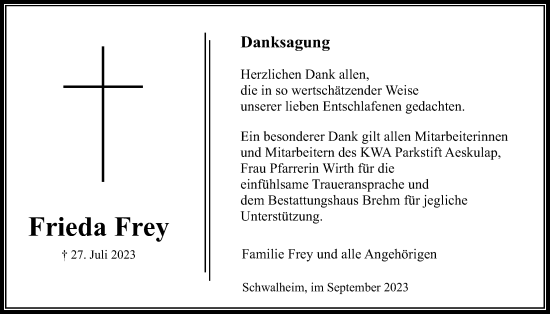 Traueranzeige von Frieda Frey von Wetterauer Zeitung