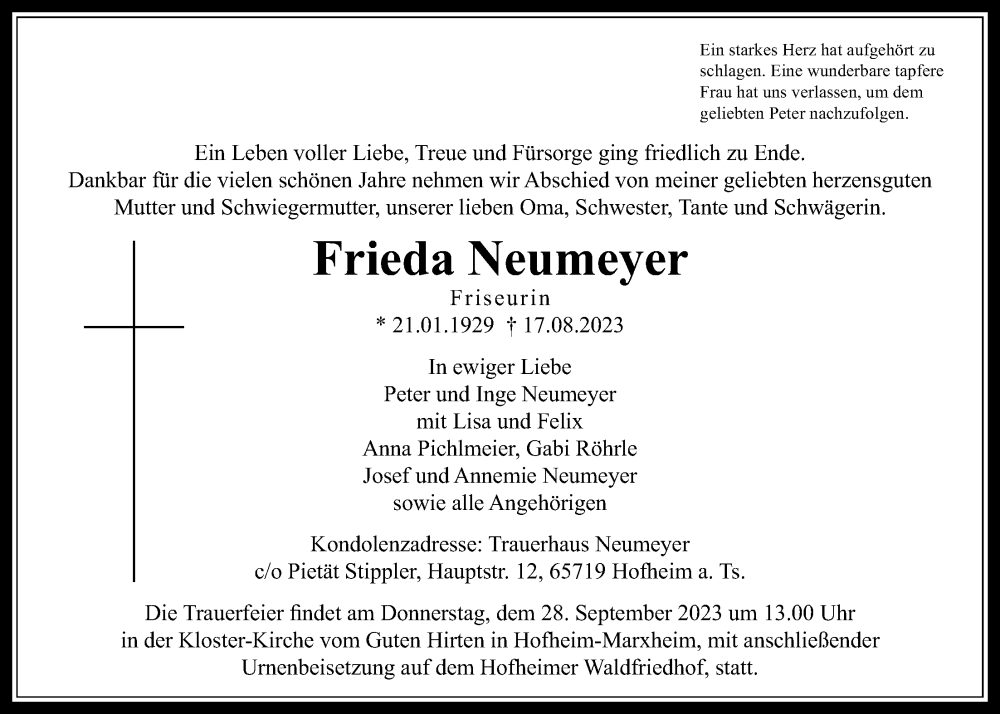  Traueranzeige für Frieda Neumeyer vom 22.09.2023 aus 