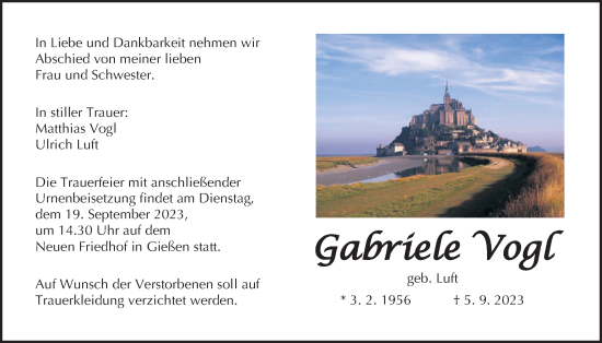 Traueranzeige von Gabriele Vogl von Giessener Allgemeine, Alsfelder Allgemeine, Giessener Anzeiger