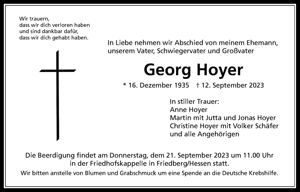  Traueranzeige für Georg Hoyer vom 16.09.2023 aus Wetterauer Zeitung
