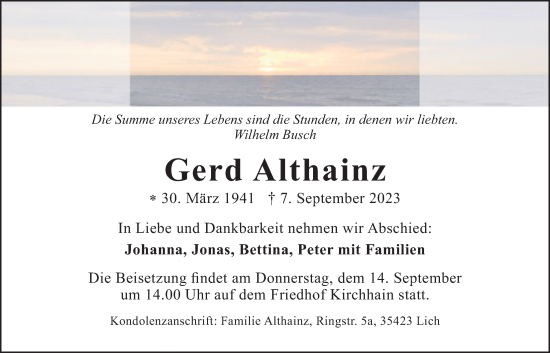 Traueranzeige von Gerd Althainz von Giessener Allgemeine, Alsfelder Allgemeine