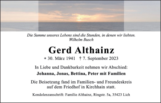 Traueranzeige von Gerd Althainz von Licher Wochenblatt