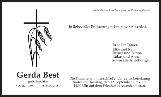Traueranzeige von Gerda Best von Wetterauer Zeitung
