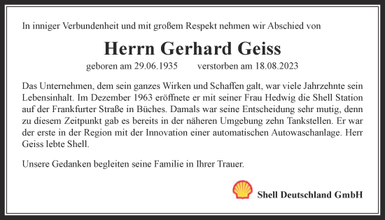 Traueranzeige von Gerhard Geiss von Kreis-Anzeiger