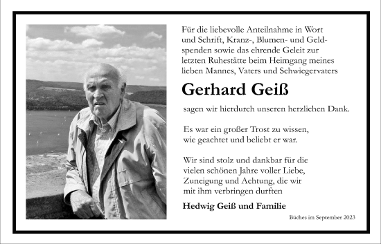 Traueranzeige von Gerhard Geiß von Kreis-Anzeiger