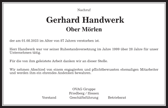 Traueranzeige von Gerhard Handwerk von Wetterauer Zeitung