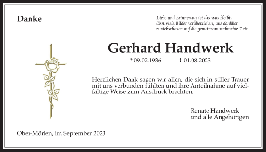 Traueranzeige von Gerhard Handwerk von Wetterauer Zeitung
