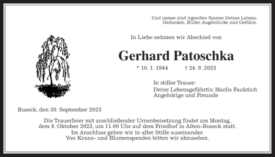 Traueranzeige von Gerhard Patoschka von Giessener Allgemeine, Alsfelder Allgemeine