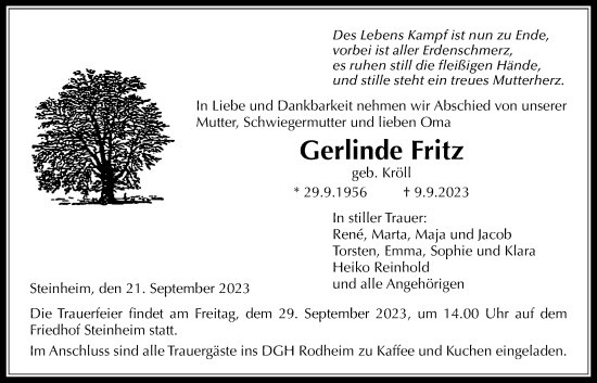 Traueranzeige von Gerlinde Fritz von Licher Wochenblatt
