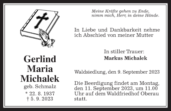 Traueranzeige von Gerlind Maria Michalek von Kreis-Anzeiger
