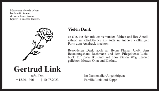 Traueranzeige von Gertrud Link von Licher Wochenblatt