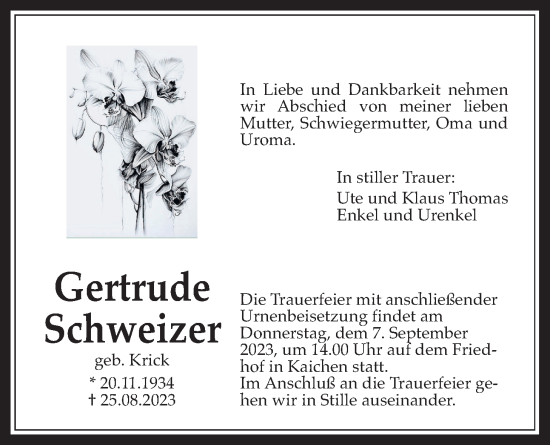 Traueranzeige von Gertrude Schweizer von Wetterauer Zeitung