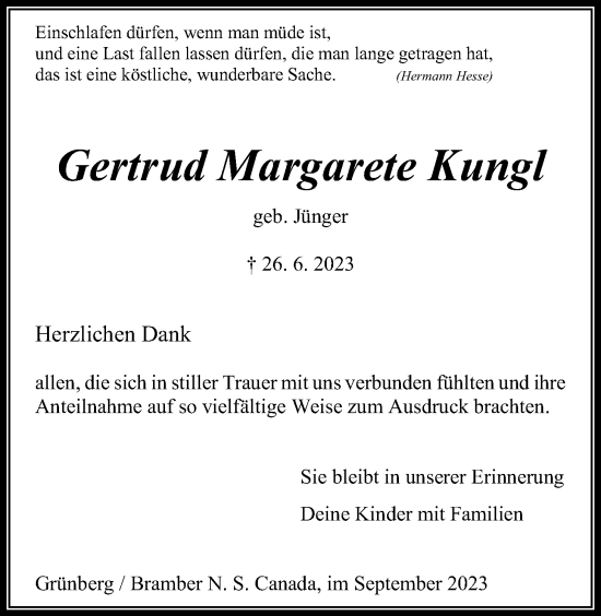 Traueranzeige von Gertrud Margarete Kungl von Giessener Allgemeine, Alsfelder Allgemeine