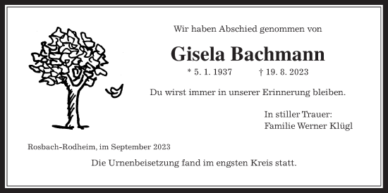 Traueranzeige von Gisela Bachmann von Wetterauer Zeitung