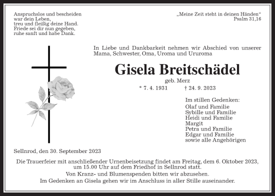 Traueranzeige von Gisela Breitschädel von Giessener Allgemeine, Alsfelder Allgemeine