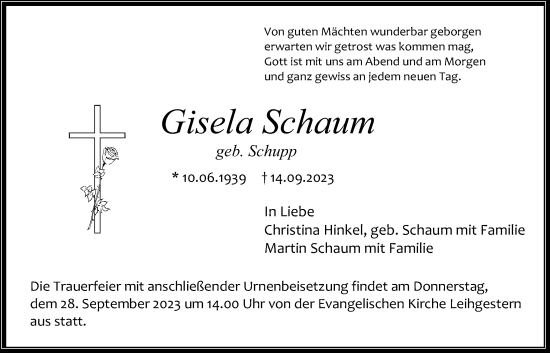 Traueranzeige von Gisela Schaum von Giessener Allgemeine, Alsfelder Allgemeine, Giessener Anzeiger