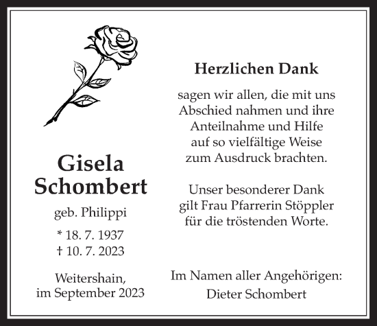 Traueranzeige von Gisela Schombert von Giessener Allgemeine, Alsfelder Allgemeine
