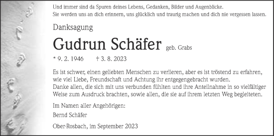 Traueranzeige von Gudrun Schäfer von Wetterauer Zeitung