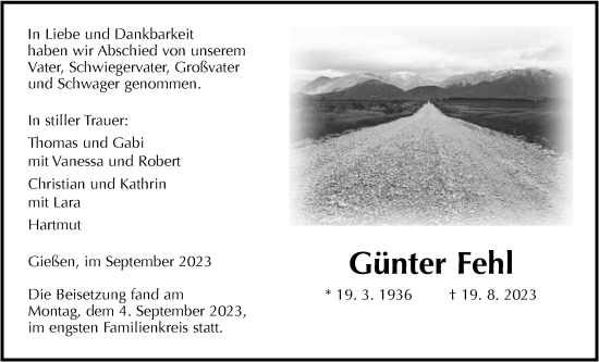 Traueranzeige von Günter Fehl von Giessener Anzeiger, Giessener Allgemeine, Alsfelder Allgemeine