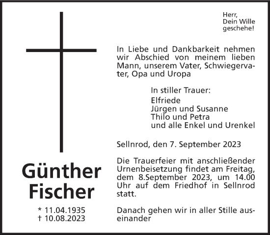 Traueranzeige von Günther Fischer von Mücker Stimme, Alsfelder Allgemeine