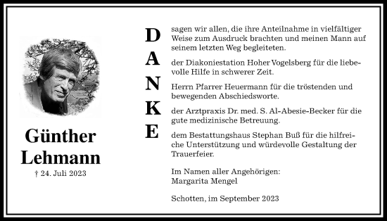 Traueranzeige von Günther Lehmann von Kreis-Anzeiger