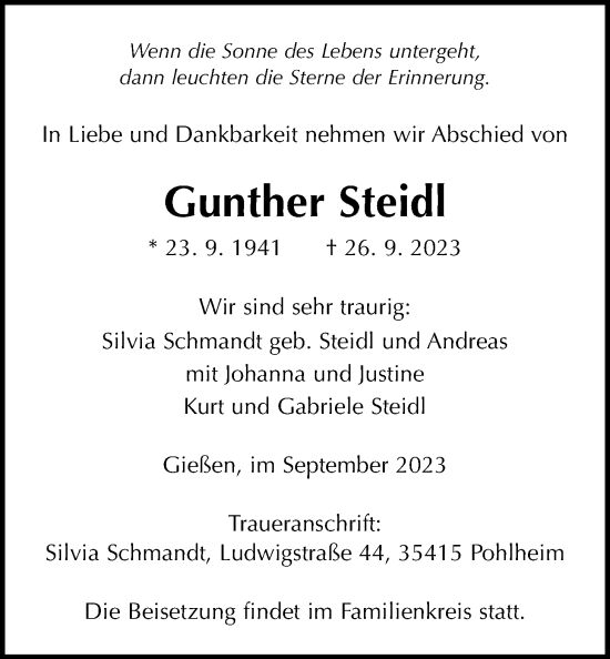 Traueranzeige von Günther Steidl von Giessener Anzeiger, Giessener Allgemeine, Alsfelder Allgemeine