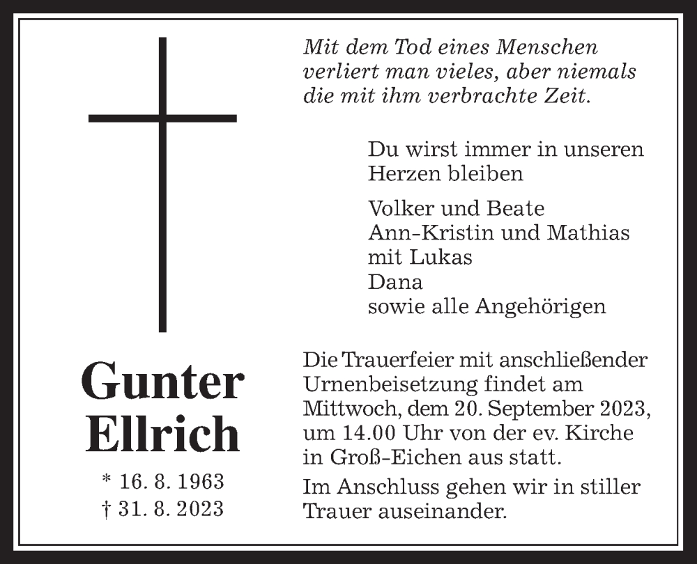  Traueranzeige für Gunter Ellrich vom 16.09.2023 aus Giessener Allgemeine, Alsfelder Allgemeine