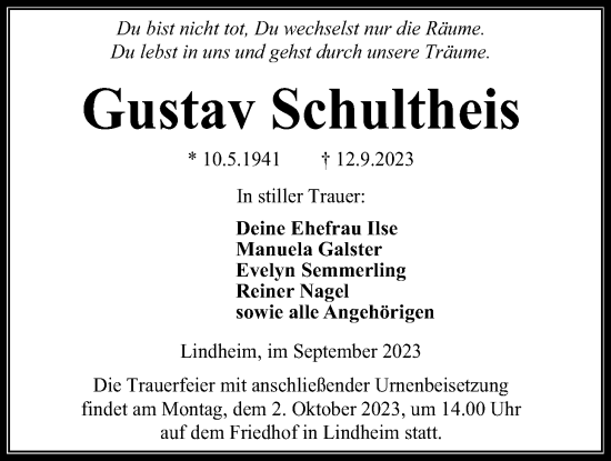 Traueranzeige von Gustav Schultheis von Kreis-Anzeiger