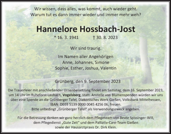 Traueranzeige von Hannelore Hossbach-Jost von Giessener Allgemeine, Alsfelder Allgemeine