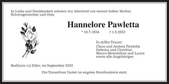 Traueranzeige von Hannelore Pawletta von Wetterauer Zeitung