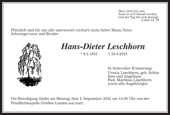 Traueranzeige von Hans-Dieter Leschhorn von Giessener Anzeiger, Giessener Allgemeine, Alsfelder Allgemeine