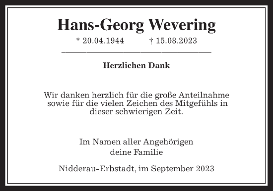 Traueranzeige von Hans-Georg Wevering von Wetterauer Zeitung