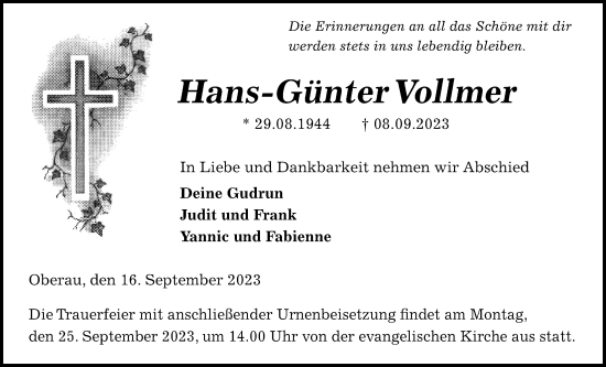 Traueranzeige von Hans-Günter Vollmer von Kreis-Anzeiger