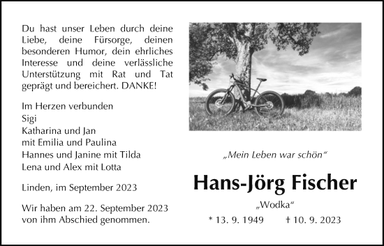 Traueranzeige von Hans-Jörg Fischer von Giessener Allgemeine, Alsfelder Allgemeine