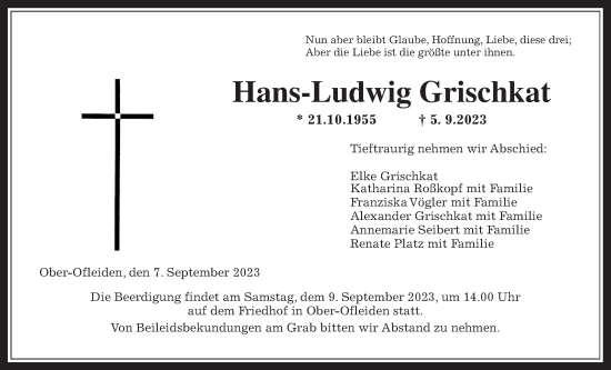 Traueranzeige von Hans-Ludwig Grischkat von Alsfelder Allgemeine