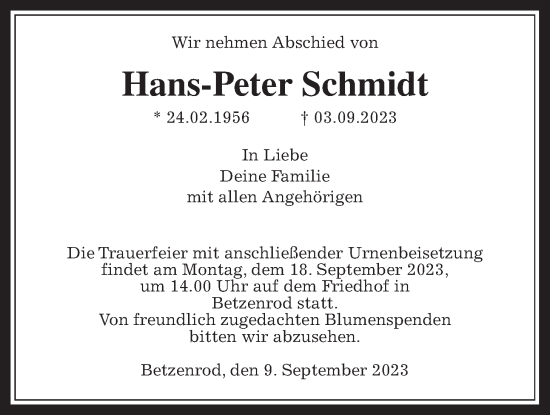 Traueranzeige von Hans-Peter Schmidt von Kreis-Anzeiger