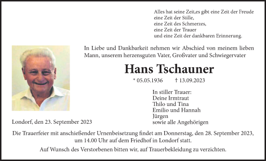 Traueranzeige von Hans Tschauner von Giessener Allgemeine, Alsfelder Allgemeine