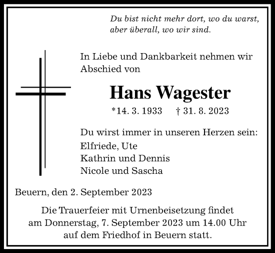Traueranzeige von Hans Wagester von Giessener Anzeiger, Giessener Allgemeine, Alsfelder Allgemeine